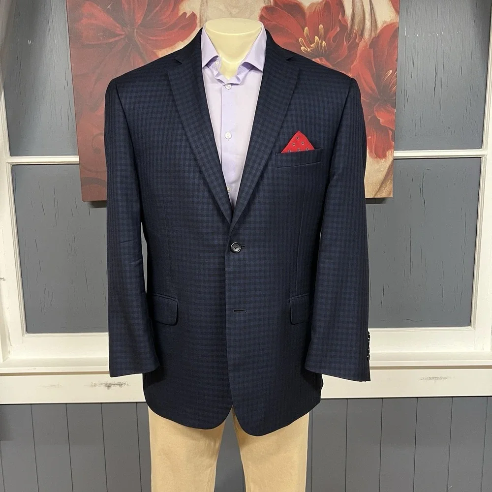 Jos A Bank Silk Wool Blazer Jacket Sport Coat Men 44R Tailored Fit Navy/Black